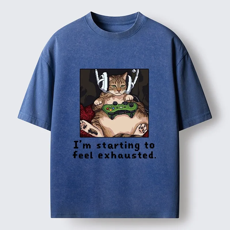 Tokyo-Tiger Exhausted Gamer Cat Washed T-Shirt