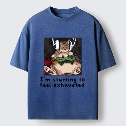 Tokyo-Tiger Exhausted Gamer Cat Washed T-Shirt