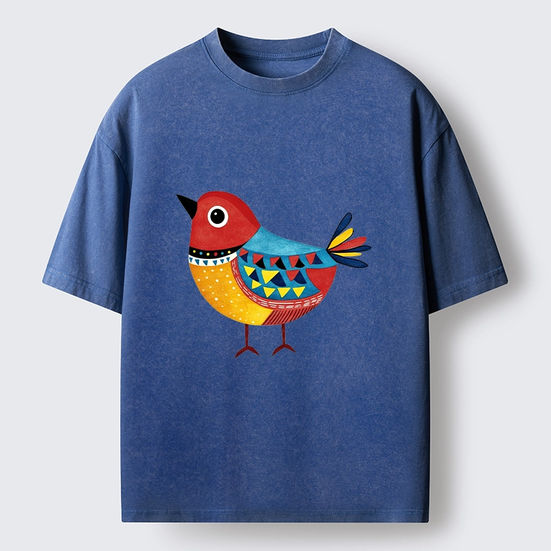 Tokyo-Tiger Folk Art Color Bird Washed T-Shirt