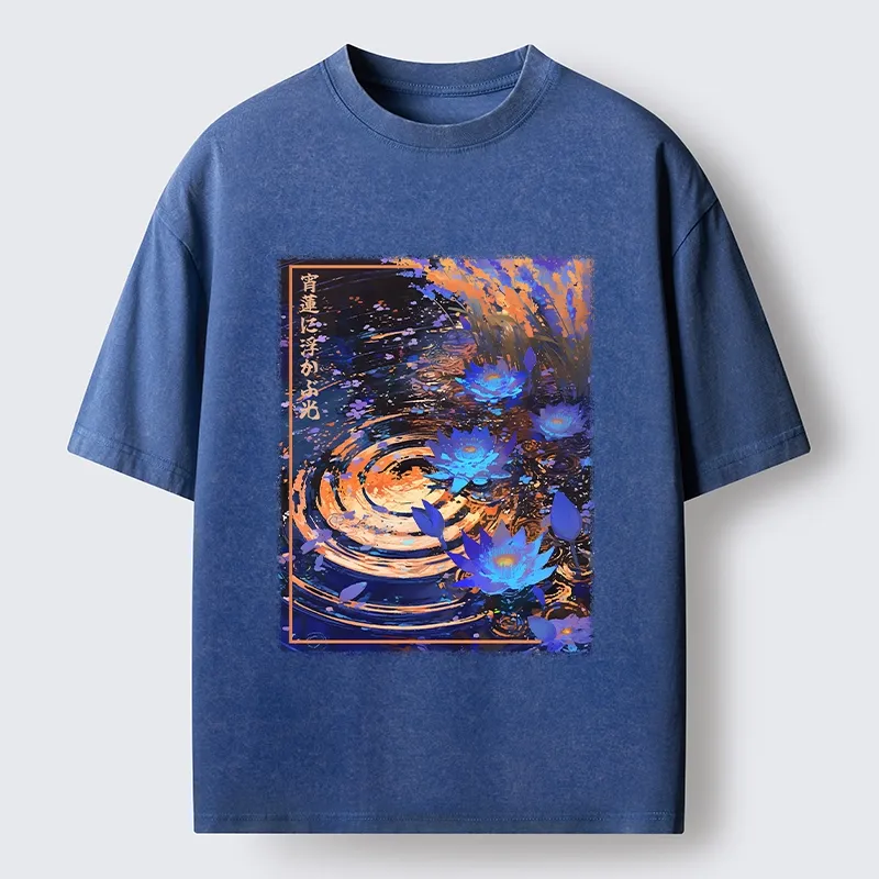 Tokyo-Tiger Night Lotus Water Glow Washed T-Shirt