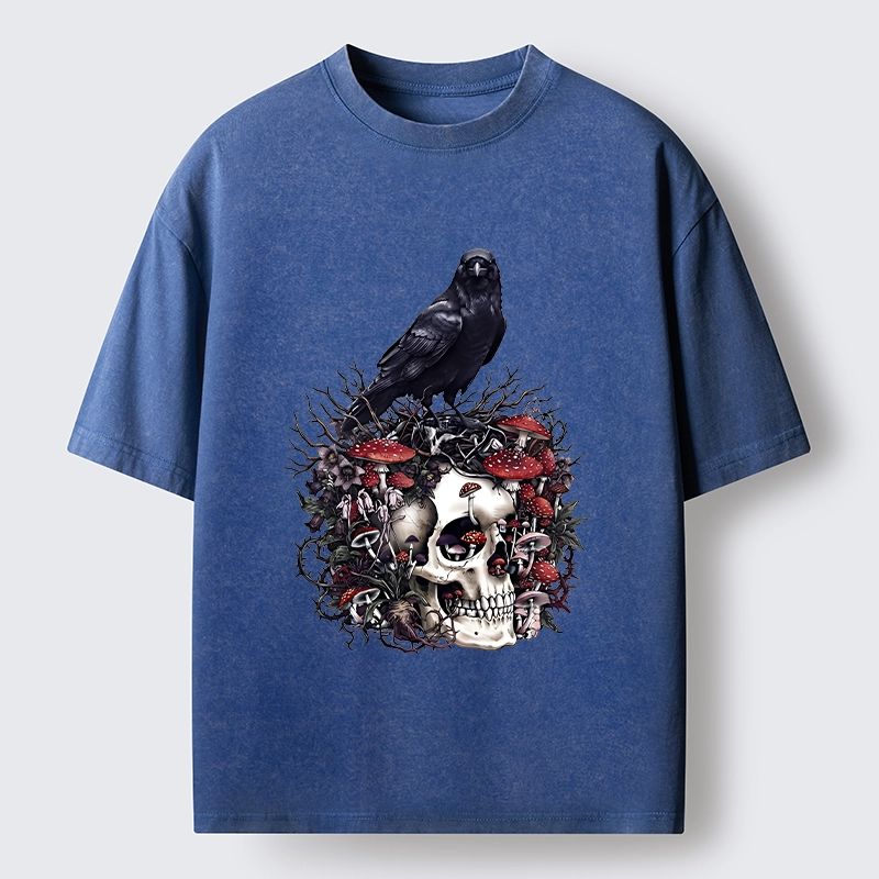 Tokyo-Tiger Crow Skull Mushroom Art Washed T-Shirt