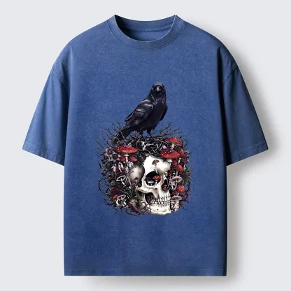 Tokyo-Tiger Crow Skull Mushroom Art Washed T-Shirt