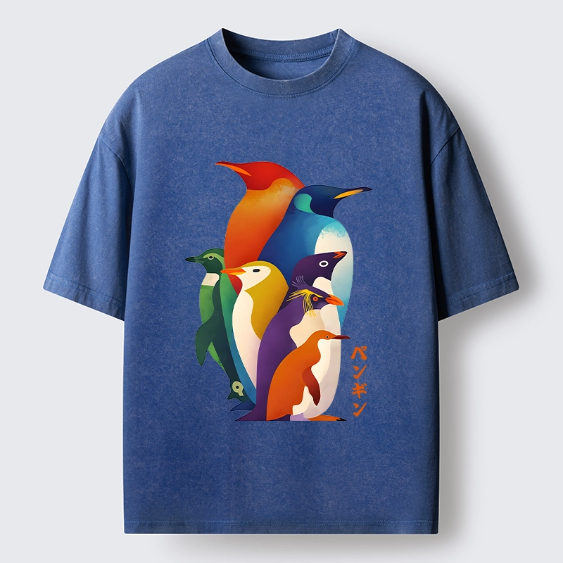 Tokyo-Tiger Cute Multi Tone Penguins Washed T-Shirt