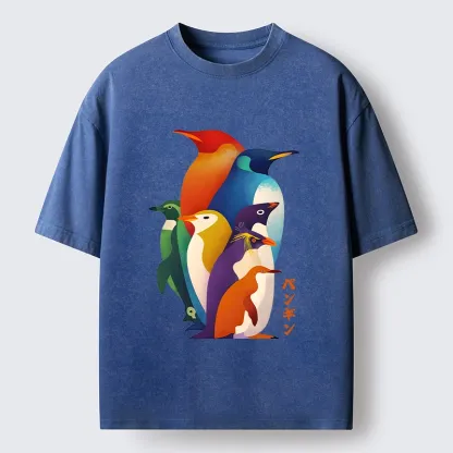 Tokyo-Tiger Cute Multi Tone Penguins Washed T-Shirt