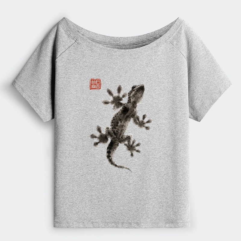 Tokyo-Tiger Minimal Asian Ink Brush Gecko Vibe Off Shoulder T-Shirt