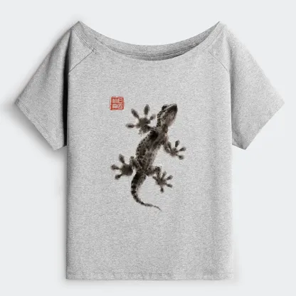 Tokyo-Tiger Minimal Asian Ink Brush Gecko Vibe Off Shoulder T-Shirt