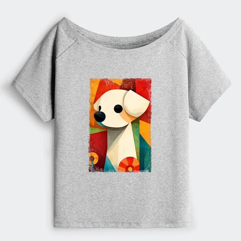 Tokyo-Tiger Retro Abstract Color Block Puppy Art Off Shoulder T-Shirt Sale