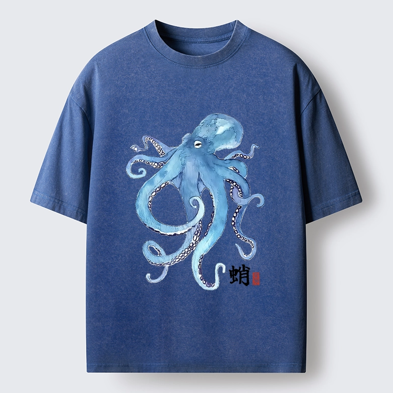 Tokyo-Tiger Watercolor Blue Octopus Washed T-Shirt