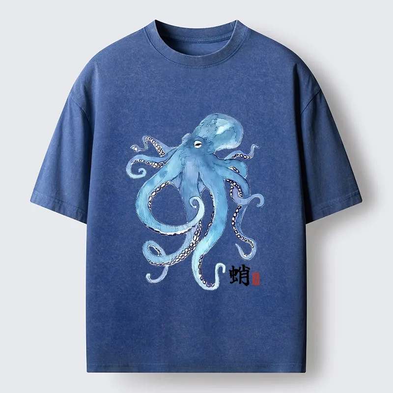 Tokyo-Tiger Watercolor Blue Octopus Washed T-Shirt