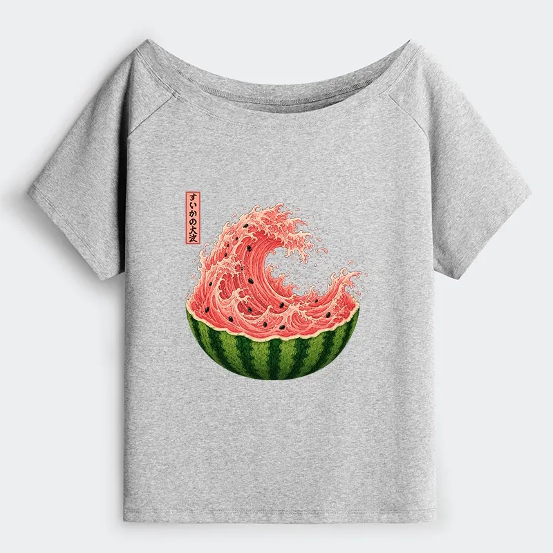 Tokyo-Tiger Watermelon Wave Summer Ukiyo Art Off Shoulder T-Shirt