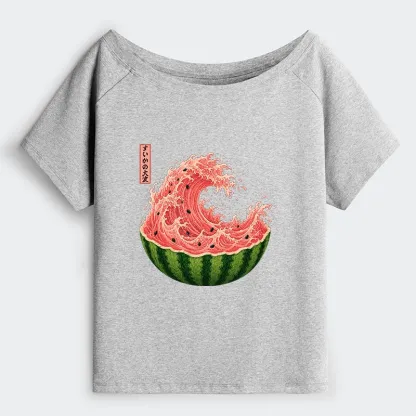 Tokyo-Tiger Watermelon Wave Summer Ukiyo Art Off Shoulder T-Shirt