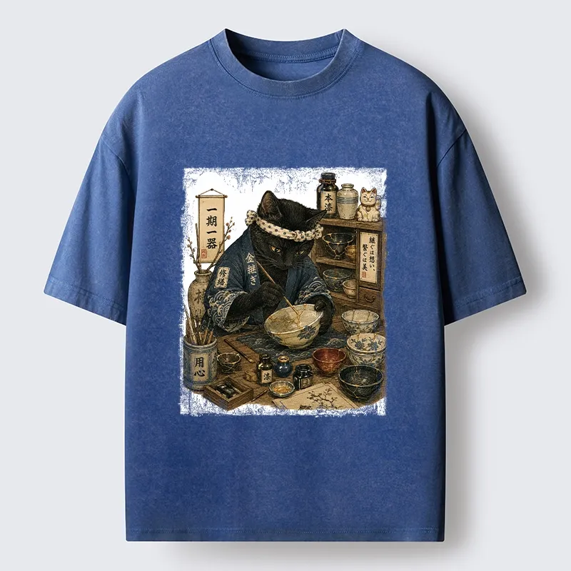 Tokyo-Tiger One Time Meeting Cat Art Washed T-Shirt