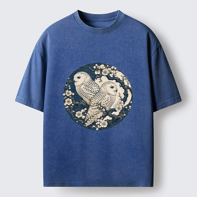 Tokyo-Tiger Snow Owl Plum Blossom Art Washed T-Shirt