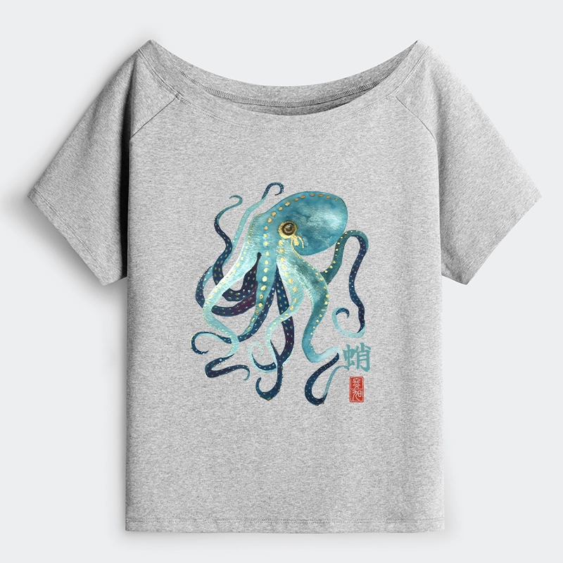 Tokyo-Tiger Soft Watercolor Octopus Japanese Art Off Shoulder T-Shirt