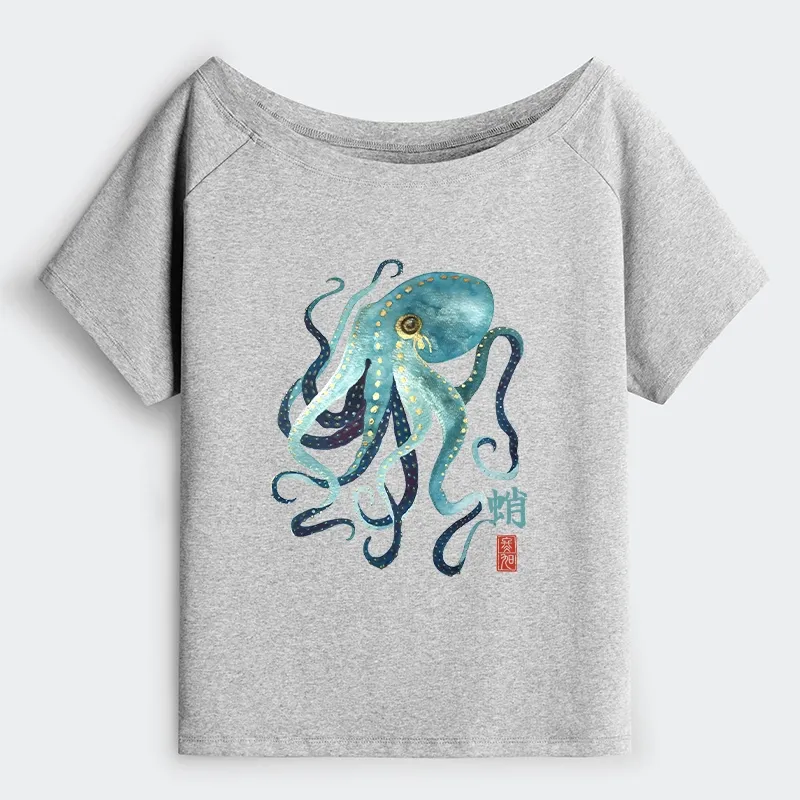 Tokyo-Tiger Soft Watercolor Octopus Japanese Art Off Shoulder T-Shirt