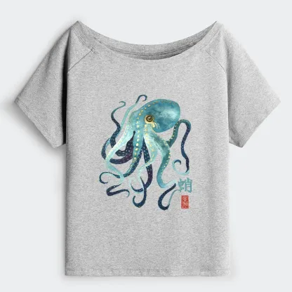 Tokyo-Tiger Soft Watercolor Octopus Japanese Art Off Shoulder T-Shirt