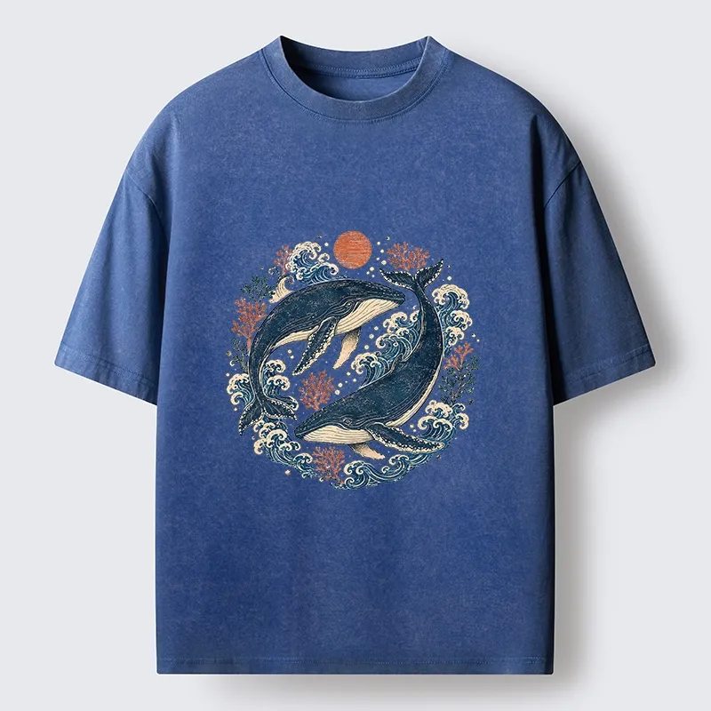 Tokyo-Tiger Twin Whale Wave Ukiyo Washed T-Shirt