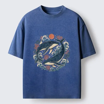 Tokyo-Tiger Twin Whale Wave Ukiyo Washed T-Shirt