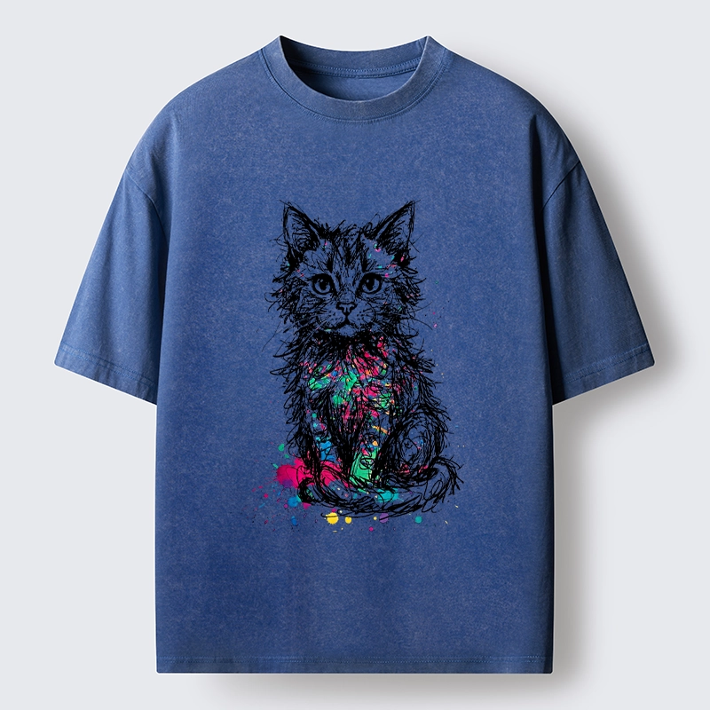 Tokyo-Tiger Splash Ink Art Cat Washed T-Shirt