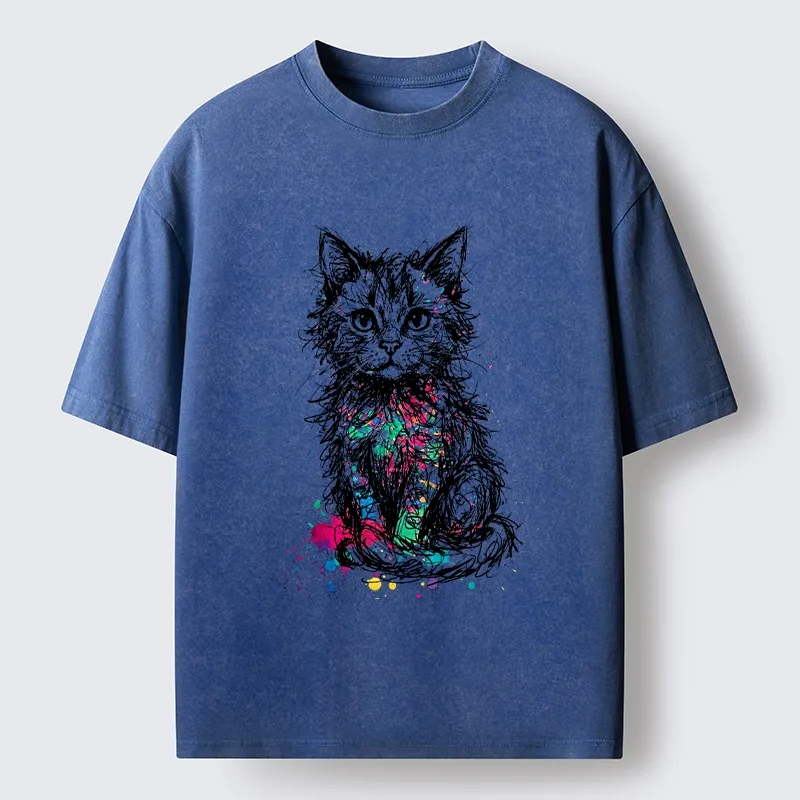 Tokyo-Tiger Splash Ink Art Cat Washed T-Shirt