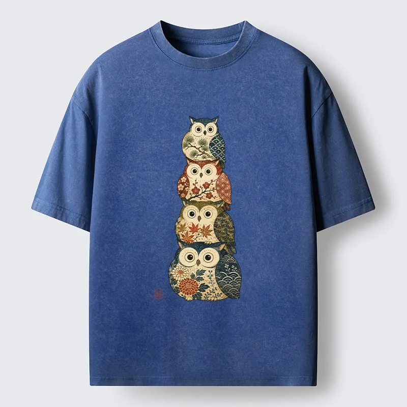 Tokyo-Tiger Stacked Floral Owls Washed T-Shirt
