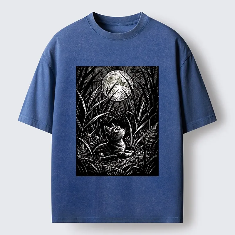 Tokyo-Tiger Woodcut Night Cat Print Washed T-Shirt