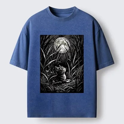 Tokyo-Tiger Woodcut Night Cat Print Washed T-Shirt