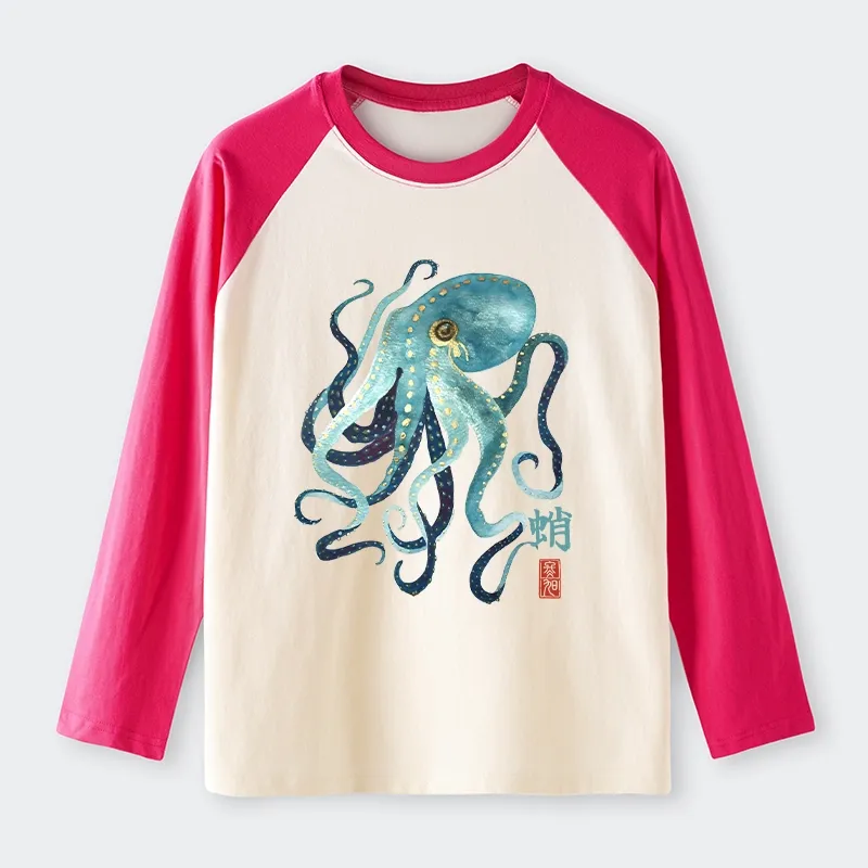 Tokyo-Tiger Soft Watercolor Octopus Japanese Art Raglan Long Sleeve T-shirt