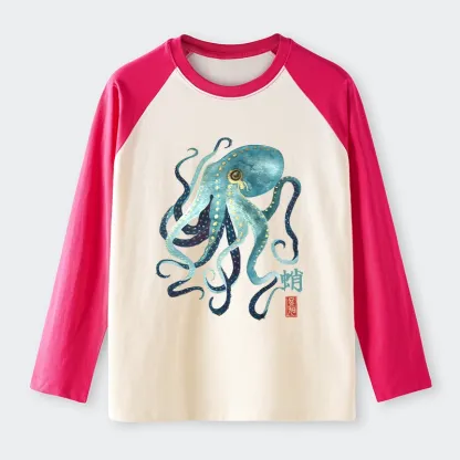 Tokyo-Tiger Soft Watercolor Octopus Japanese Art Raglan Long Sleeve T-shirt