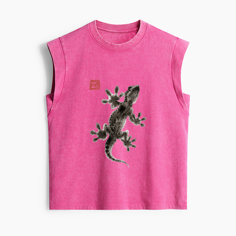 Tokyo-Tiger Minimal Asian Ink Brush Gecko Vibe Women's Washed Tank Tops