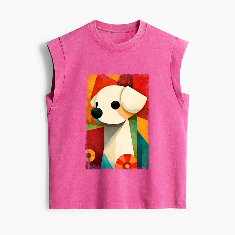 Tokyo-Tiger Retro Abstract Color Block Puppy Art Women's Washed Tank Tops