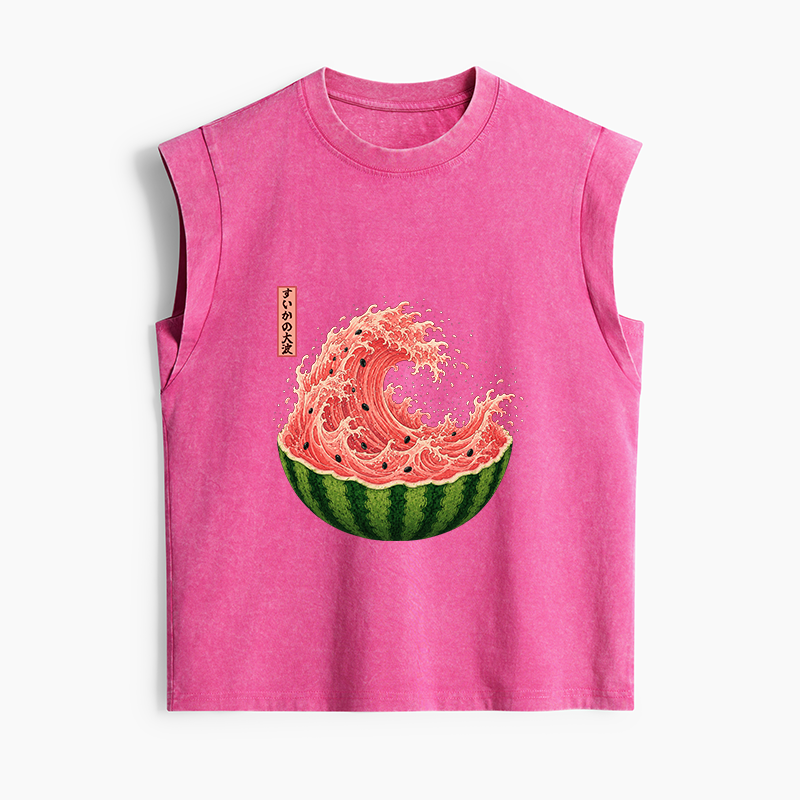 Tokyo-Tiger Watermelon Wave Summer Ukiyo Art Women's Washed Tank Tops