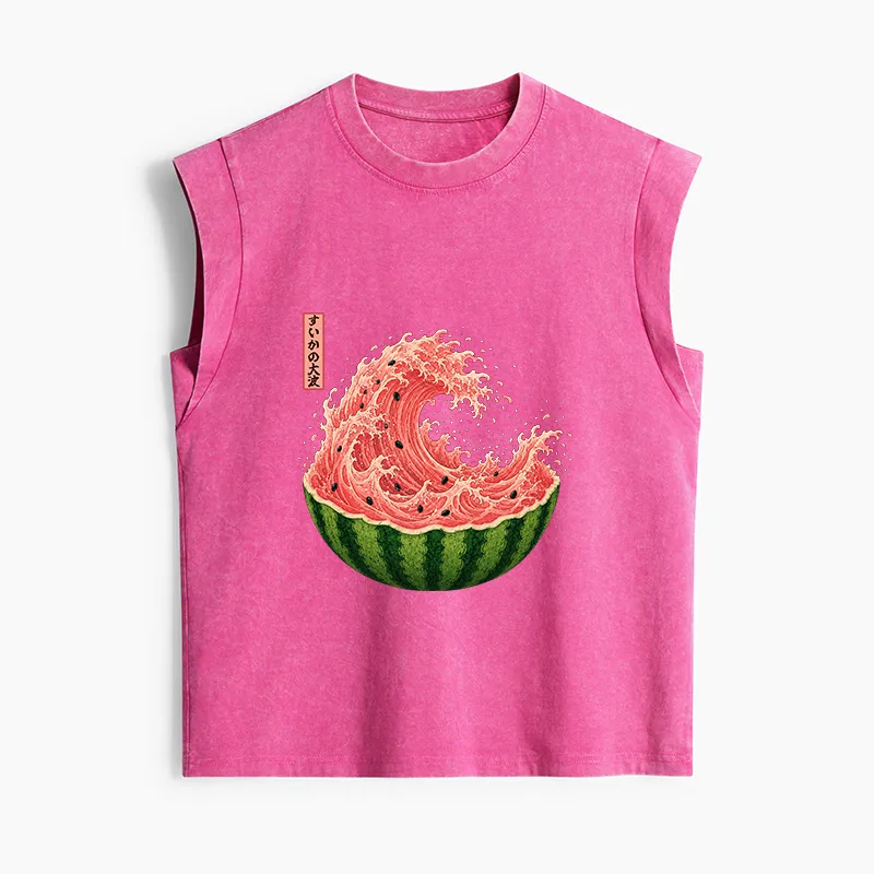 Tokyo-Tiger Watermelon Wave Summer Ukiyo Art Women's Washed Tank Tops