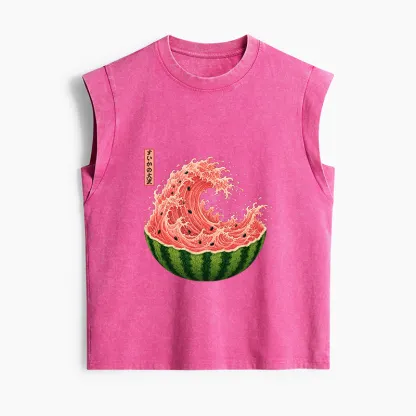 Tokyo-Tiger Watermelon Wave Summer Ukiyo Art Women's Washed Tank Tops