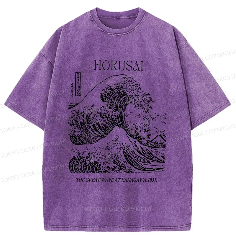 Tokyo-Tiger Retro Ukiyo-e Waves Washed T-Shirt