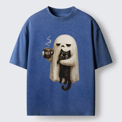 Tokyo-Tiger Ghost Cat Coffee Mood Washed T-Shirt