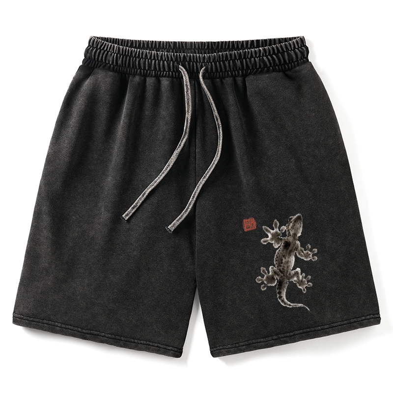 Tokyo-Tiger Minimal Asian Ink Brush Gecko Vibe Washed Shorts