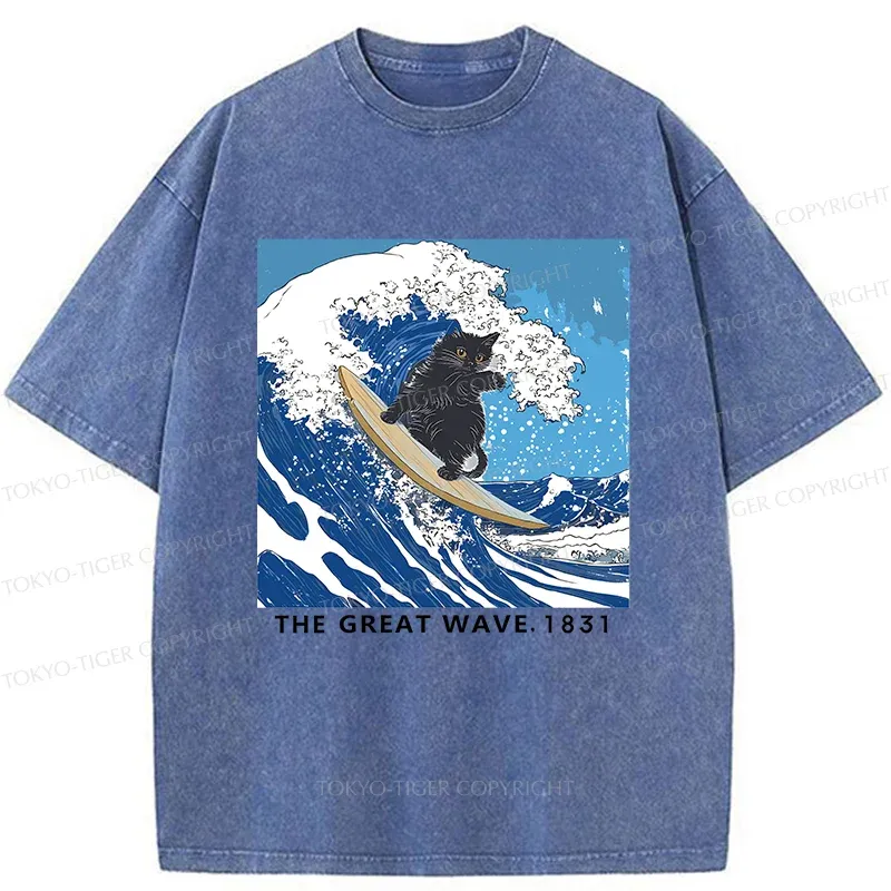 Tokyo-Tiger Cat Surfing Funny Washed T-Shirt