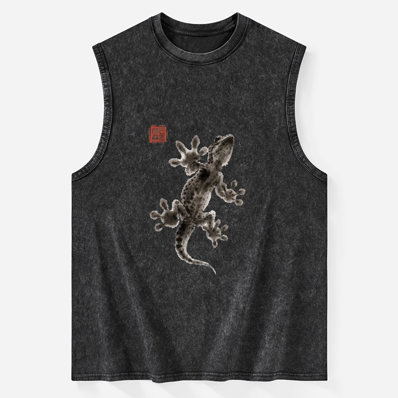 Tokyo-Tiger Minimal Asian Ink Brush Gecko Vibe Washed Tank