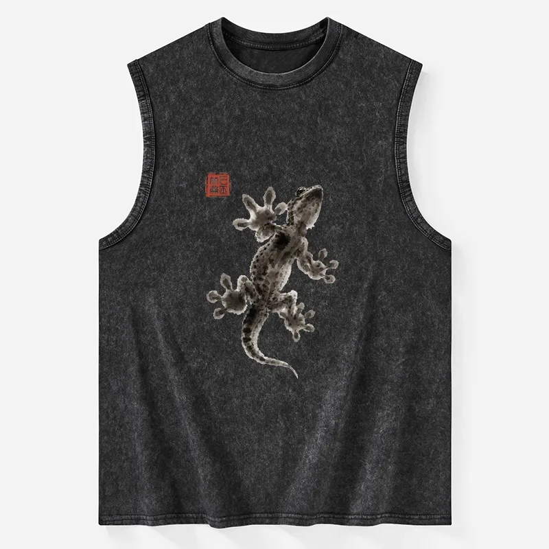Tokyo-Tiger Minimal Asian Ink Brush Gecko Vibe Washed Tank
