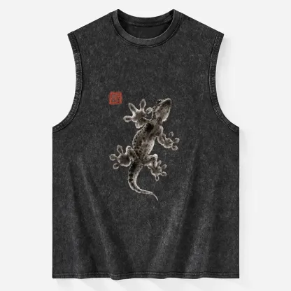 Tokyo-Tiger Minimal Asian Ink Brush Gecko Vibe Washed Tank