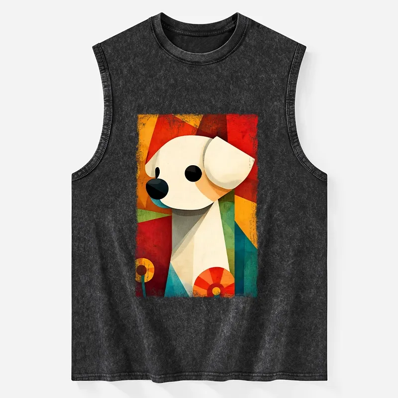 Tokyo-Tiger Retro Abstract Color Block Puppy Art Washed Tank