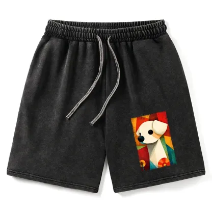 Tokyo-Tiger Retro Abstract Color Block Puppy Art Washed Shorts