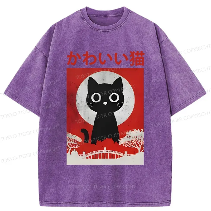 Tokyo-Tiger Cute Retro Cat Washed T-Shirt