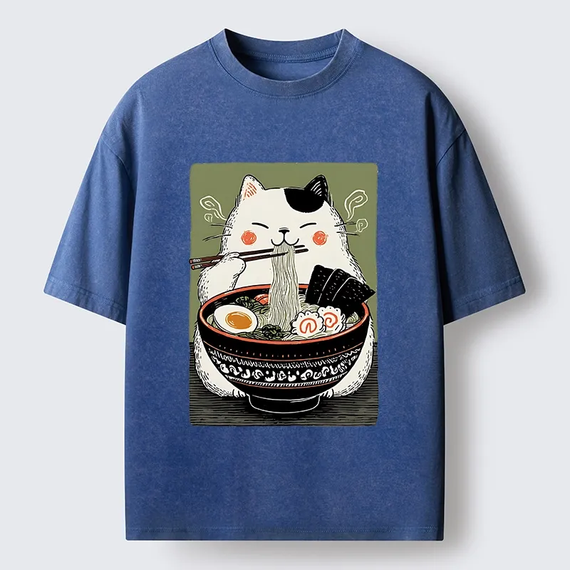 Tokyo-Tiger Cat Eating Ramen Meme Washed T-Shirt