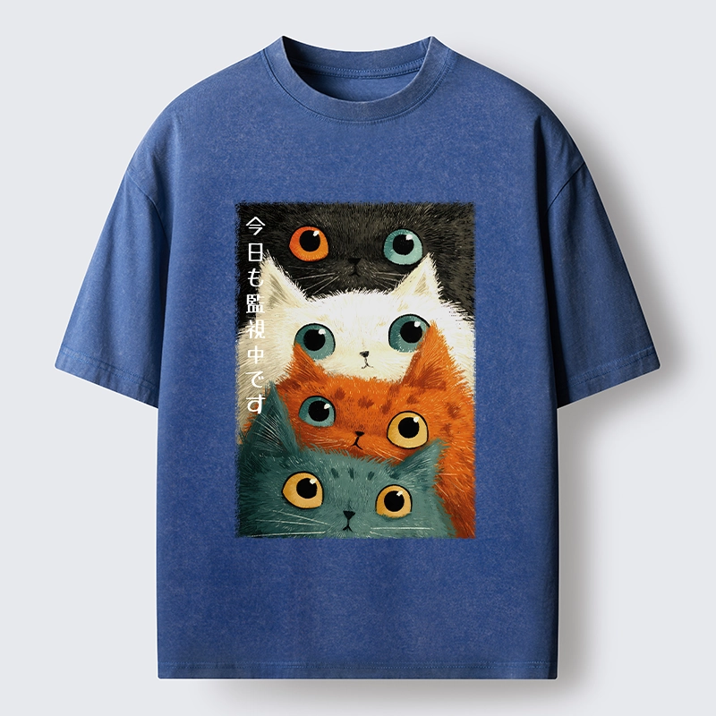 Tokyo-Tiger Watching Stacked Cats Washed T-Shirt