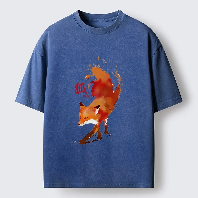 Tokyo-Tiger Watercolor Red Fox Art Washed T-Shirt