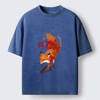 Tokyo-Tiger Watercolor Red Fox Art Washed T-Shirt