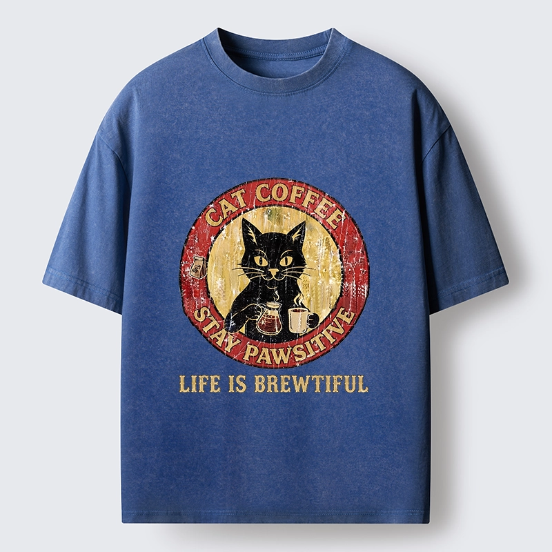 Tokyo-Tiger Cat Coffee Positive Vibes Washed T-Shirt