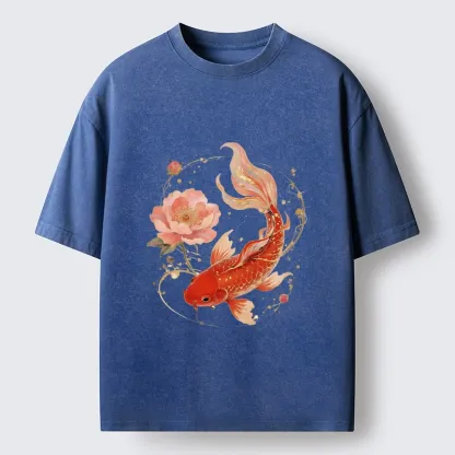Tokyo-Tiger Lucky Koi Peony Art Washed T-Shirt